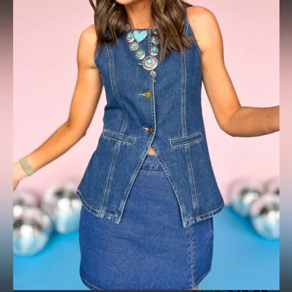 NWT BEAUTIFUL DENIM 2PC SKORT SET BUTTON FRONT VEST W SIZER ON BACK PERFECT FIT - Picture 6 of 7